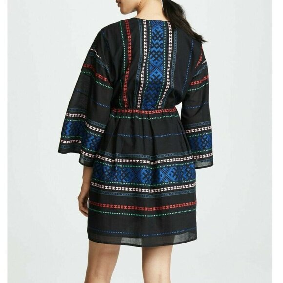 Joie Boho Embroidered Cotton Mini Dress Small Black VNeck Blue Shada Bell Sleeve - Picture 3 of 9